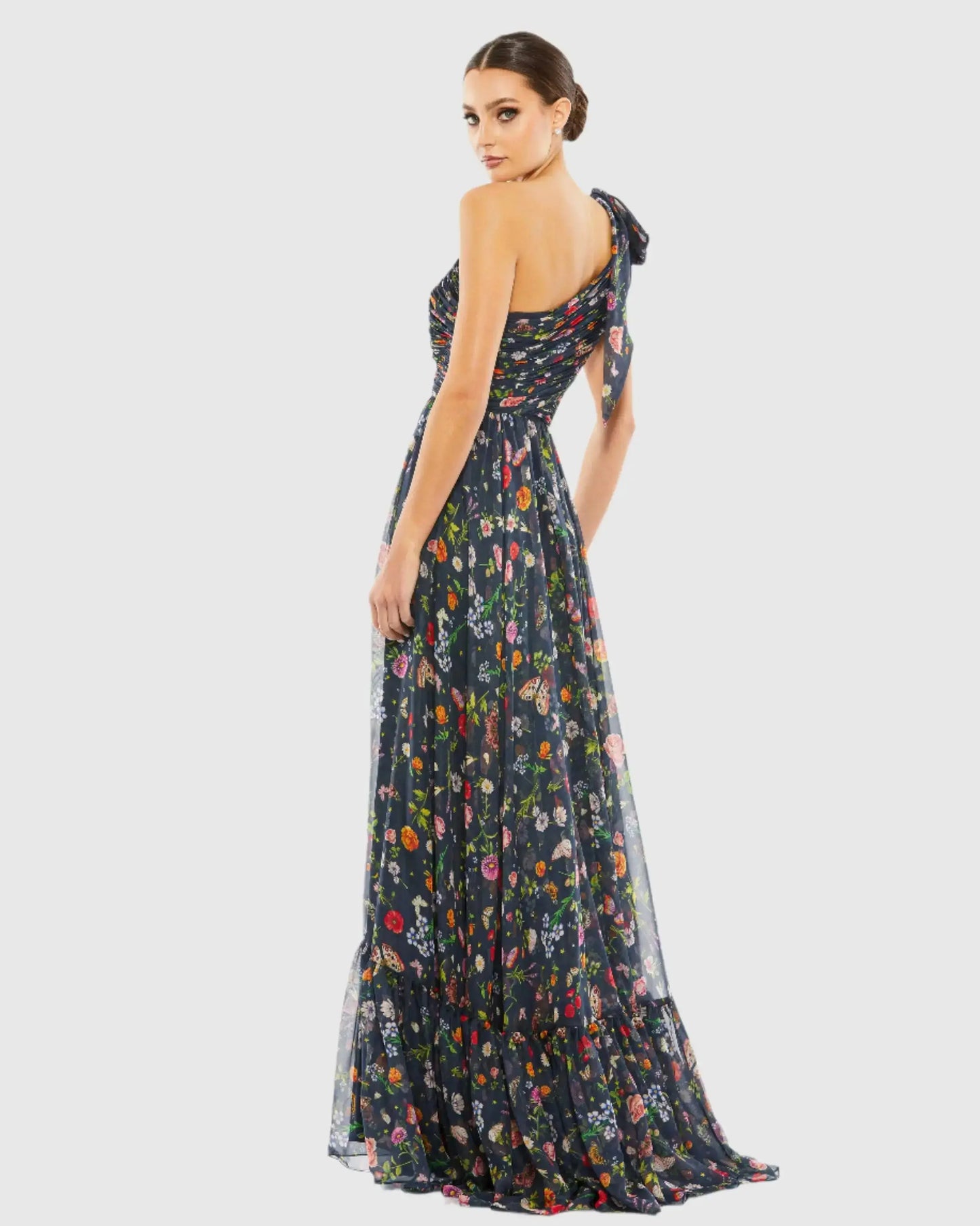 Petite Navy Tied One Shoulder Cut-Out Flowy Gown