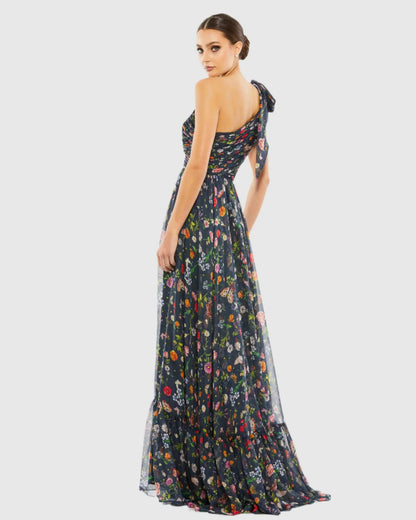 Petite Navy Tied One Shoulder Cut-Out Flowy Gown