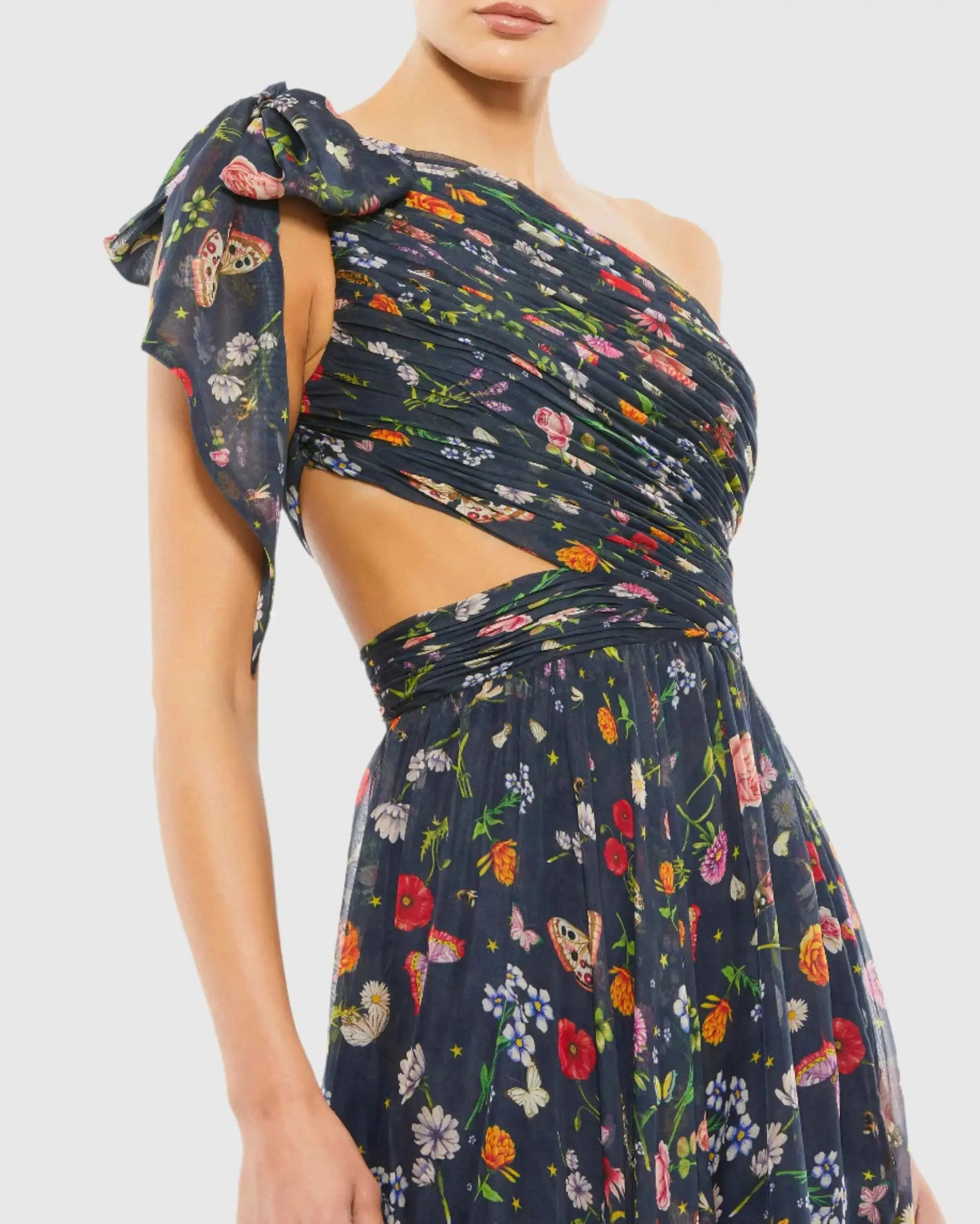 Petite Navy Tied One Shoulder Cut-Out Flowy Gown