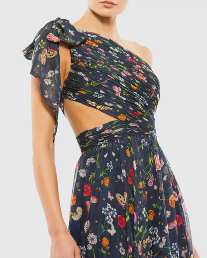 Petite Navy Tied One Shoulder Cut-Out Flowy Gown