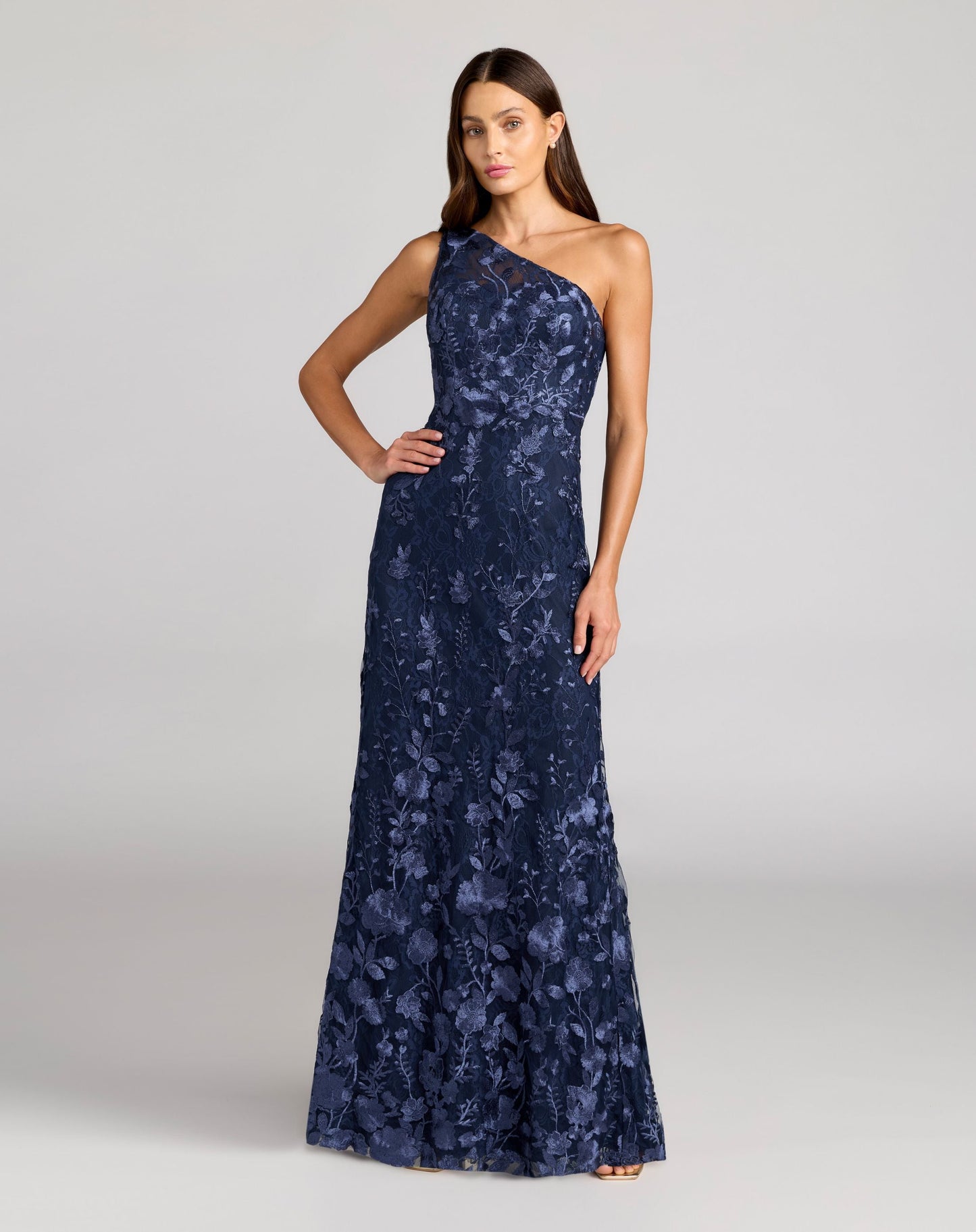 Petite Navy One Shoulder Floral Embroidered Gown