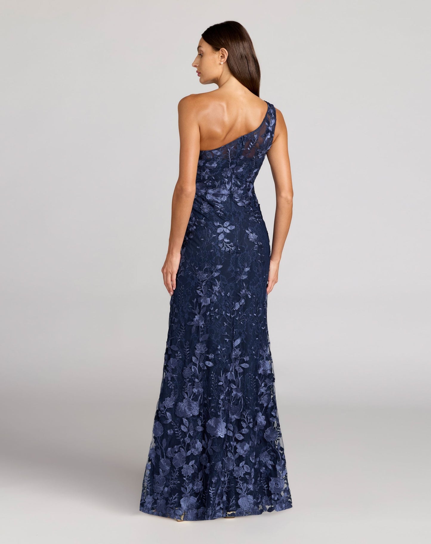 Petite Navy One Shoulder Floral Embroidered Gown