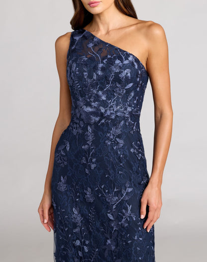 Petite Navy One Shoulder Floral Embroidered Gown