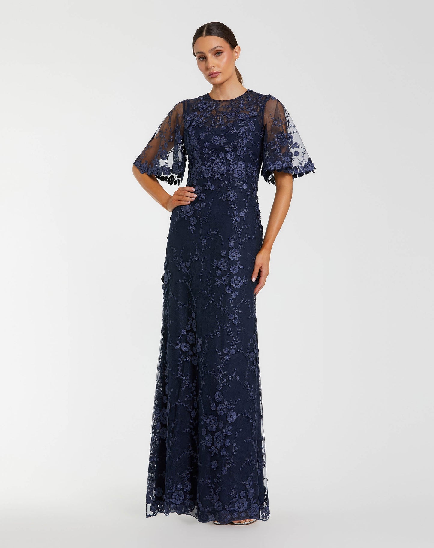 Petite Navy Flutter Sleeve Floral Embroidered Net Gown