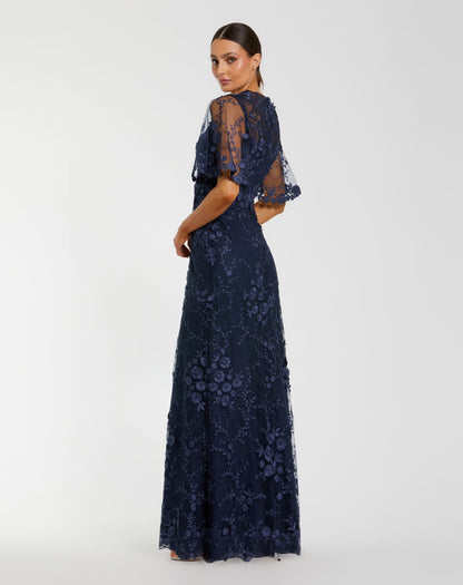 Petite Navy Flutter Sleeve Floral Embroidered Net Gown