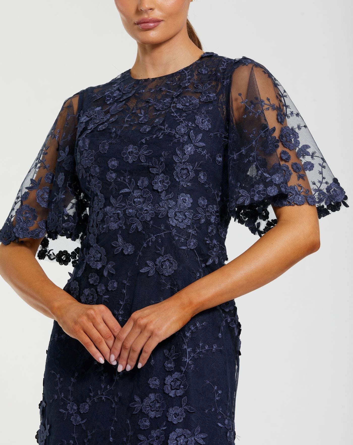 Petite Navy Flutter Sleeve Floral Embroidered Net Gown