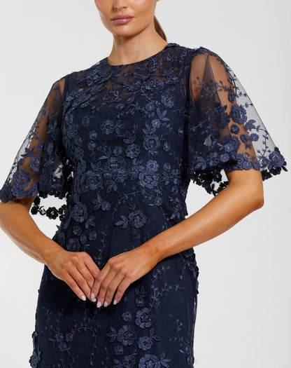 Petite Navy Flutter Sleeve Floral Embroidered Net Gown