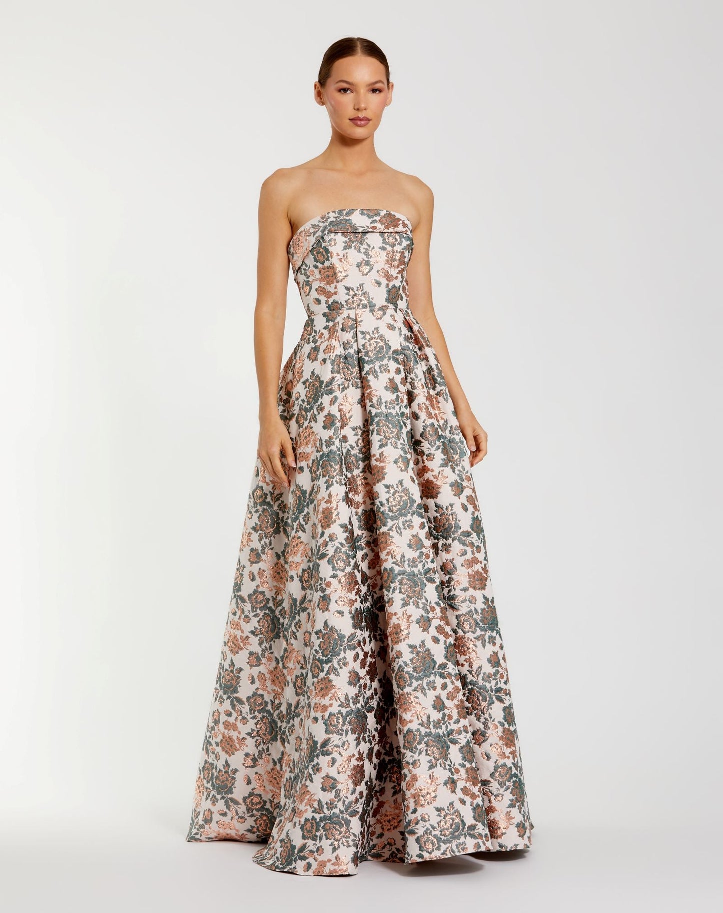 Petite Multicolor Strapless Floral Brocade Ball Gown
