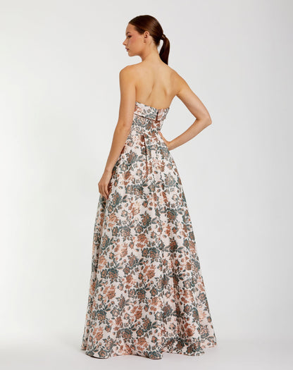 Petite Multicolor Strapless Floral Brocade Ball Gown