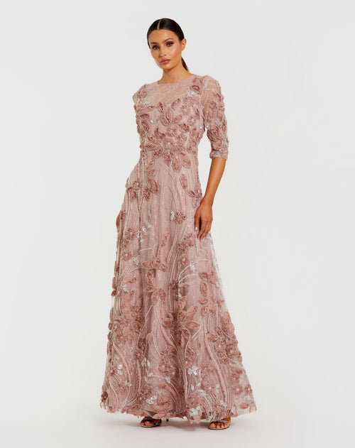Petite Pink High Neck Embellished Lace Gown with 3/4 Sleeves