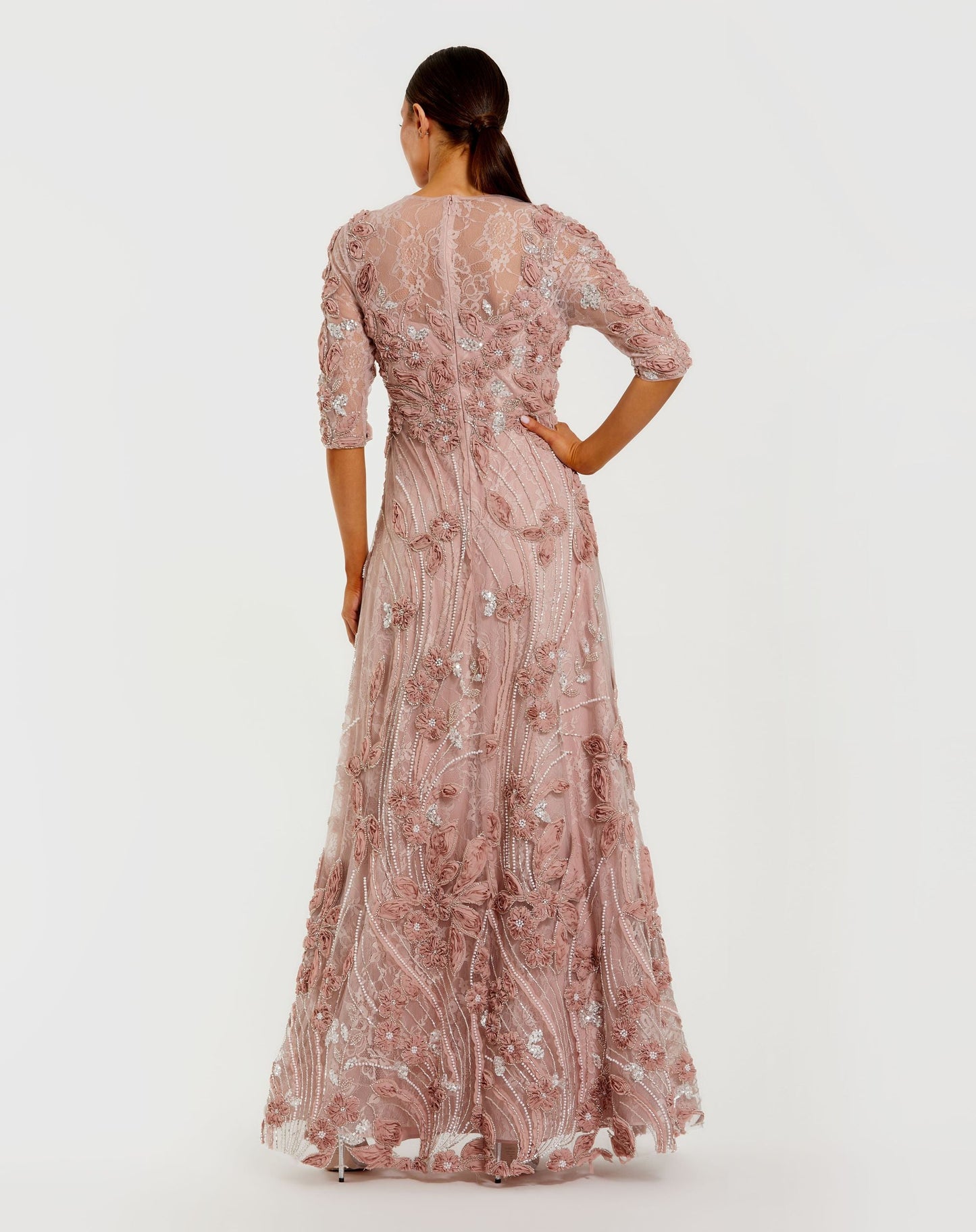 Petite Pink High Neck Embellished Lace Gown with 3/4 Sleeves