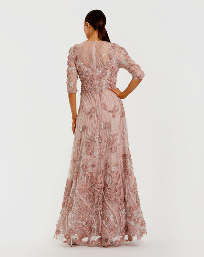 Petite Pink High Neck Embellished Lace Gown with 3/4 Sleeves