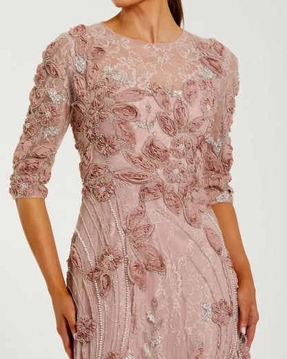 Petite Pink High Neck Embellished Lace Gown with 3/4 Sleeves