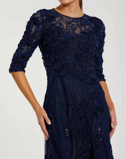 Petite Navy High Neck Embellished Lace Gown with 3/4 Sleeves