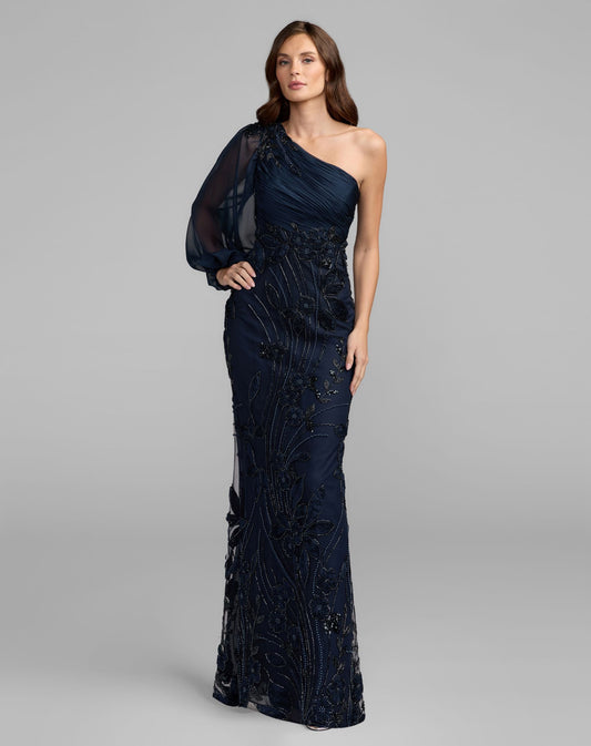 Petite Navy One Sleeve Chiffon Embellished Gown