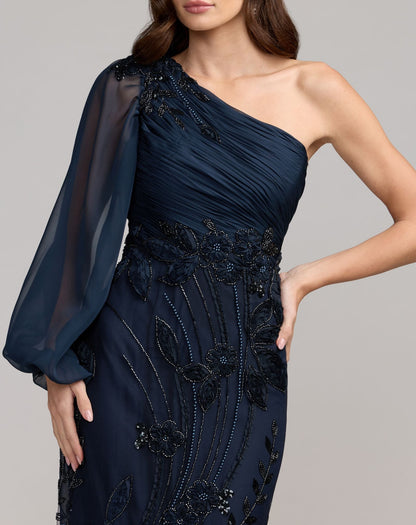 Petite Navy One Sleeve Chiffon Embellished Gown