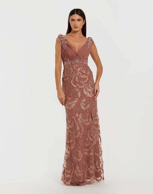 Petite Pink Floral Beaded Chiffon V-Neck Evening Gown