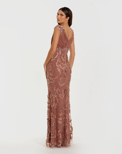 Petite Pink Floral Beaded Chiffon V-Neck Evening Gown