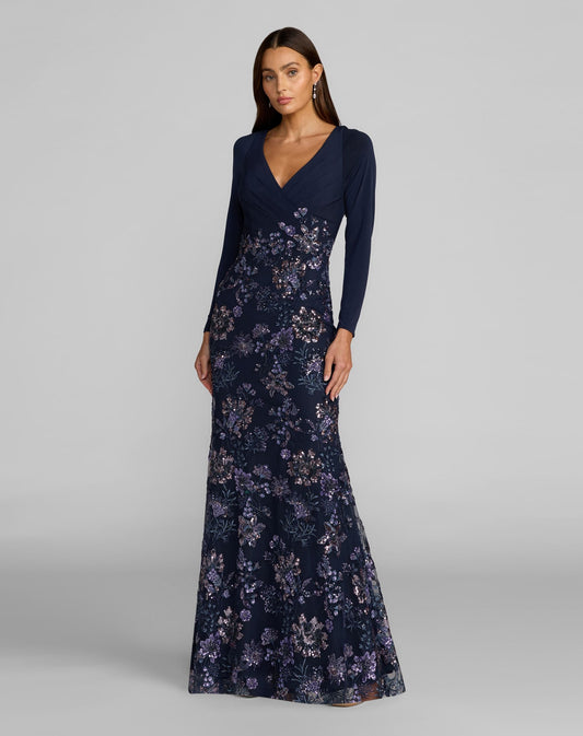 Petite Navy Floral Embroidered Jersey Long Sleeve Gown