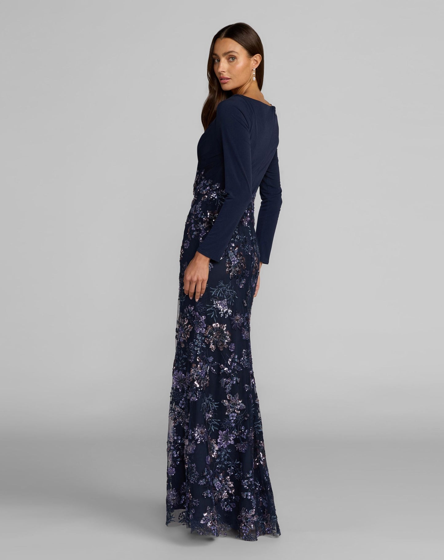 Petite Navy Floral Embroidered Jersey Long Sleeve Gown