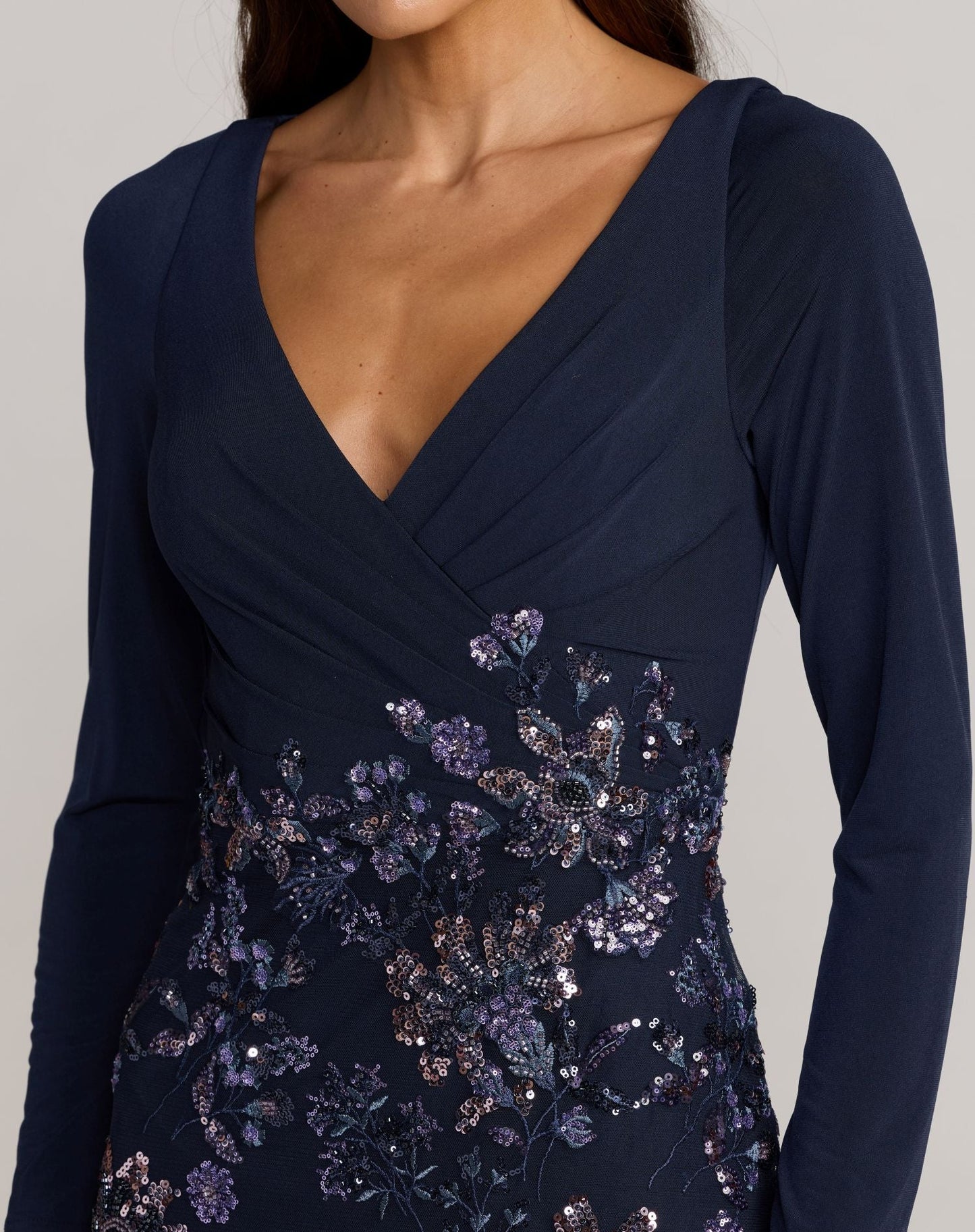 Petite Navy Floral Embroidered Jersey Long Sleeve Gown