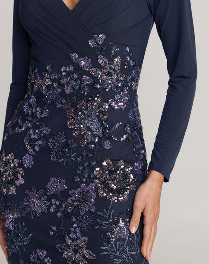 Petite Navy Floral Embroidered Jersey Long Sleeve Gown