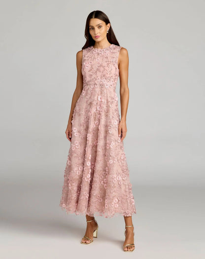 Petite Pink Floral Embroidered High Neck Midi Dress