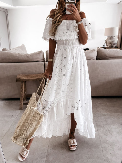 Hazel Blues® |  Off-Shoulder Eyelet Lace High-Low Maxi Dress