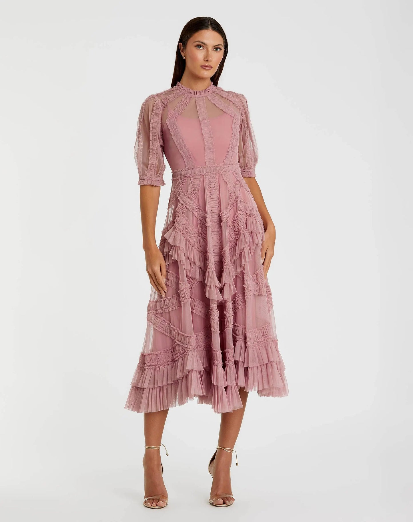Petite Pink High Neck Ruffle Tiered A-Line Midi Dress