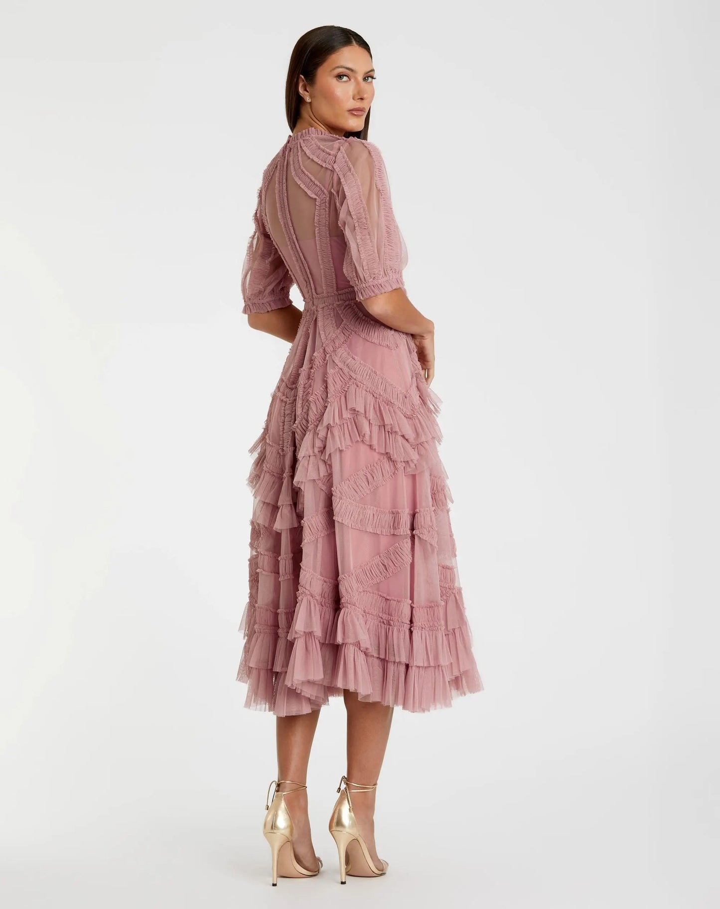 Petite Pink High Neck Ruffle Tiered A-Line Midi Dress
