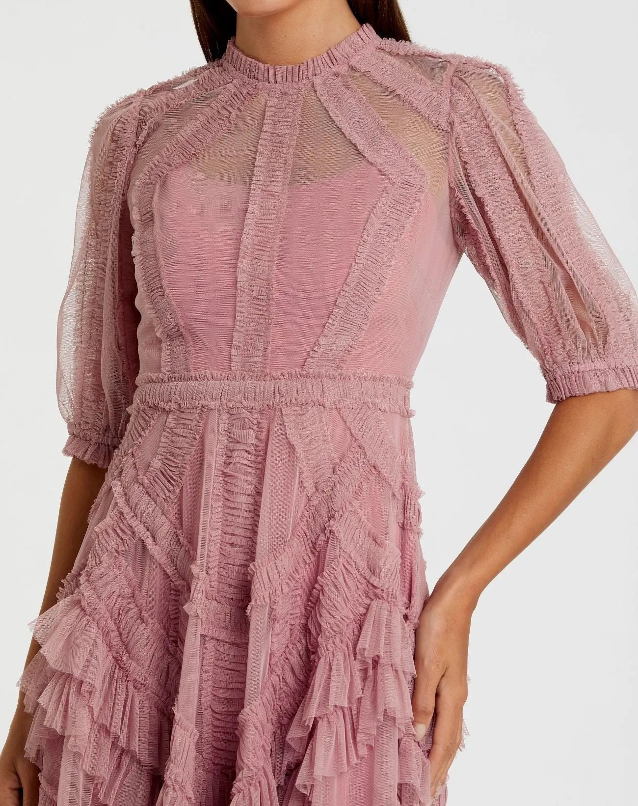 Petite Pink High Neck Ruffle Tiered A-Line Midi Dress