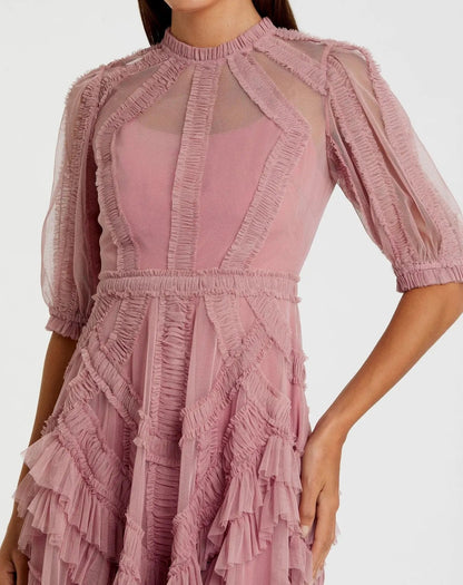 Petite Pink High Neck Ruffle Tiered A-Line Midi Dress