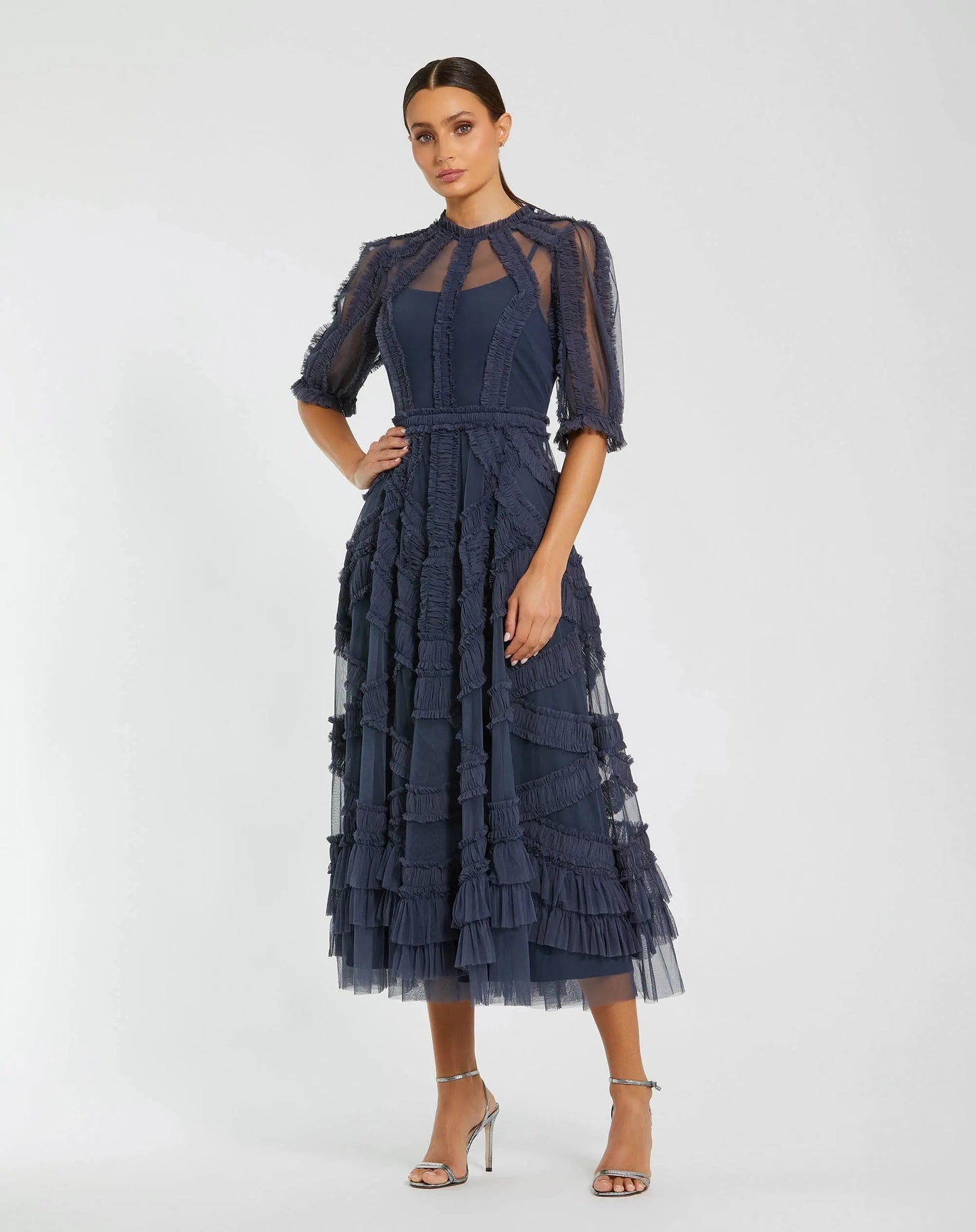 Petite Navy High Neck Ruffle Tiered A-Line Midi Dress