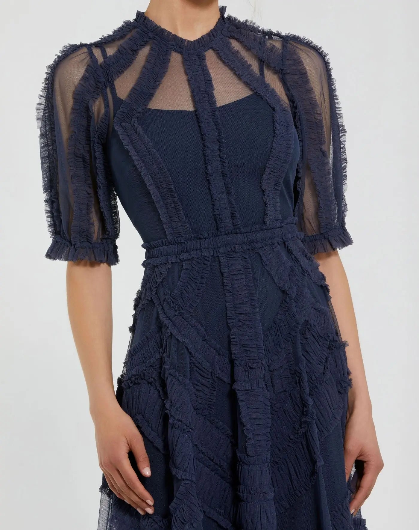 Petite Navy High Neck Ruffle Tiered A-Line Midi Dress
