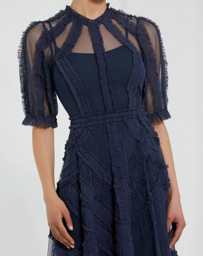 Petite Navy High Neck Ruffle Tiered A-Line Midi Dress
