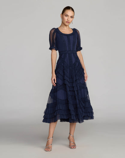 Petite Navy Short Sleeve Micro Ruffle Midi Dress