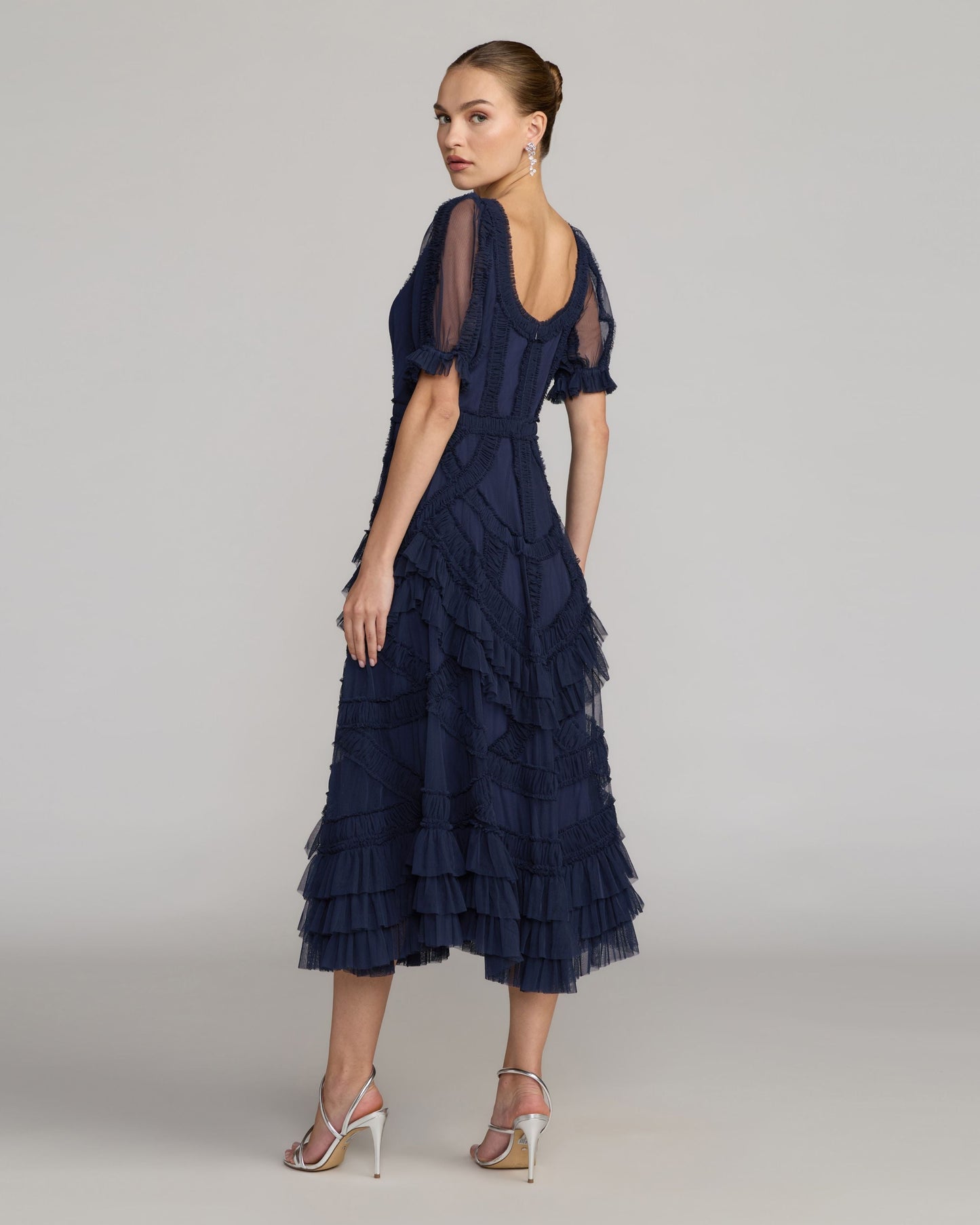 Petite Navy Short Sleeve Micro Ruffle Midi Dress