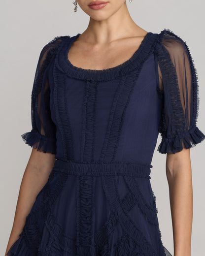 Petite Navy Short Sleeve Micro Ruffle Midi Dress