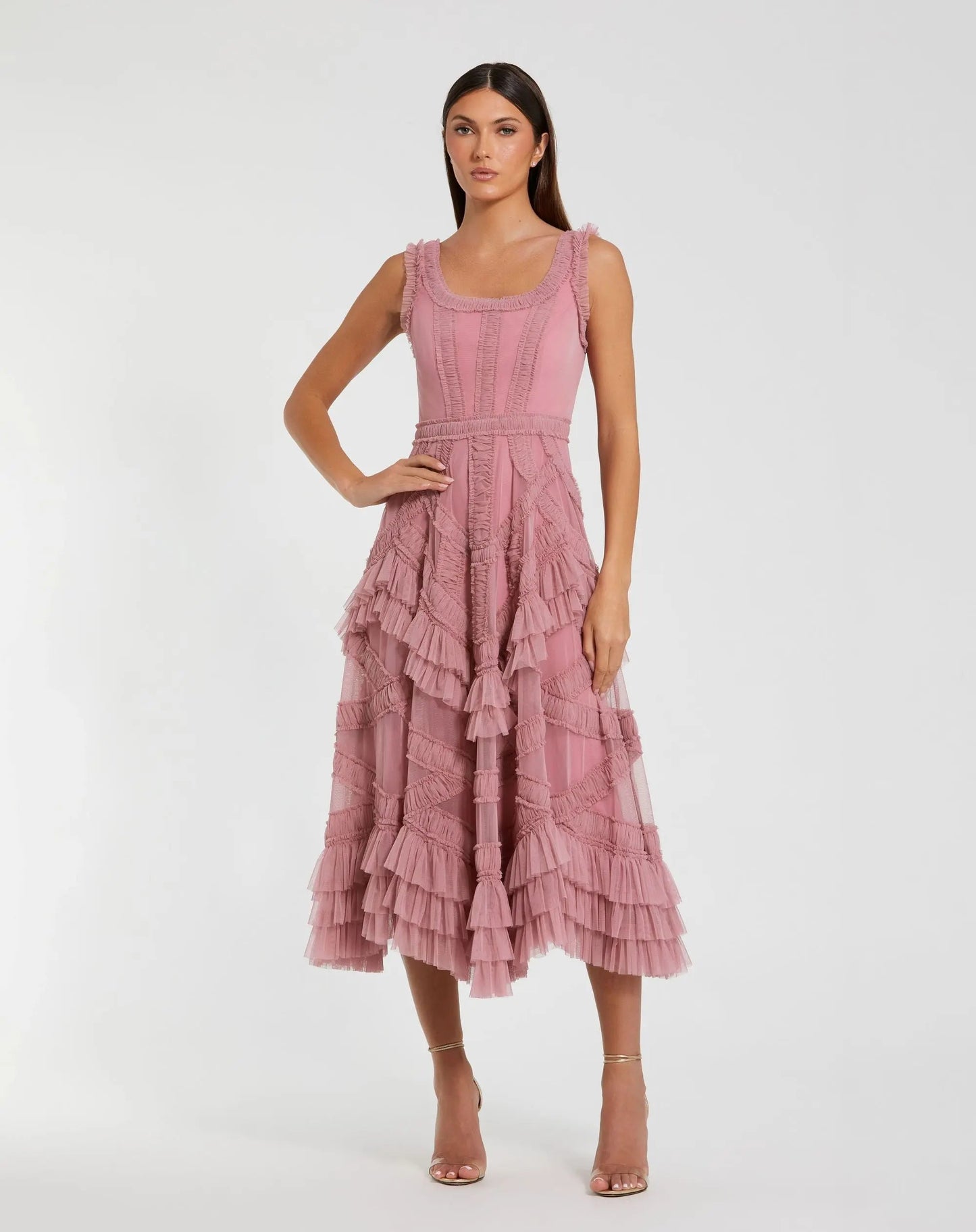 Petite Pink Scoop Neck Sleeveless Micro Ruffle Midi Dress