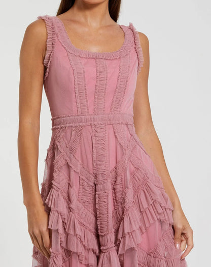 Petite Pink Scoop Neck Sleeveless Micro Ruffle Midi Dress