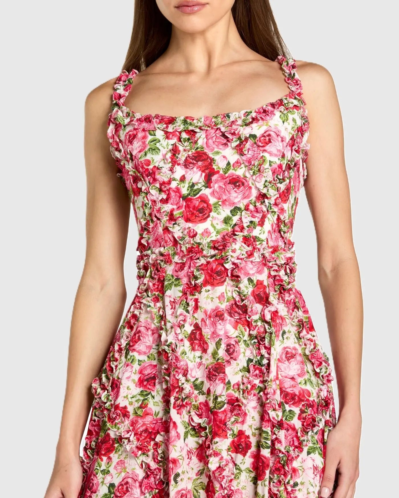 Petite Pink Ruffle Scoop Neck Floral A-Line Dress
