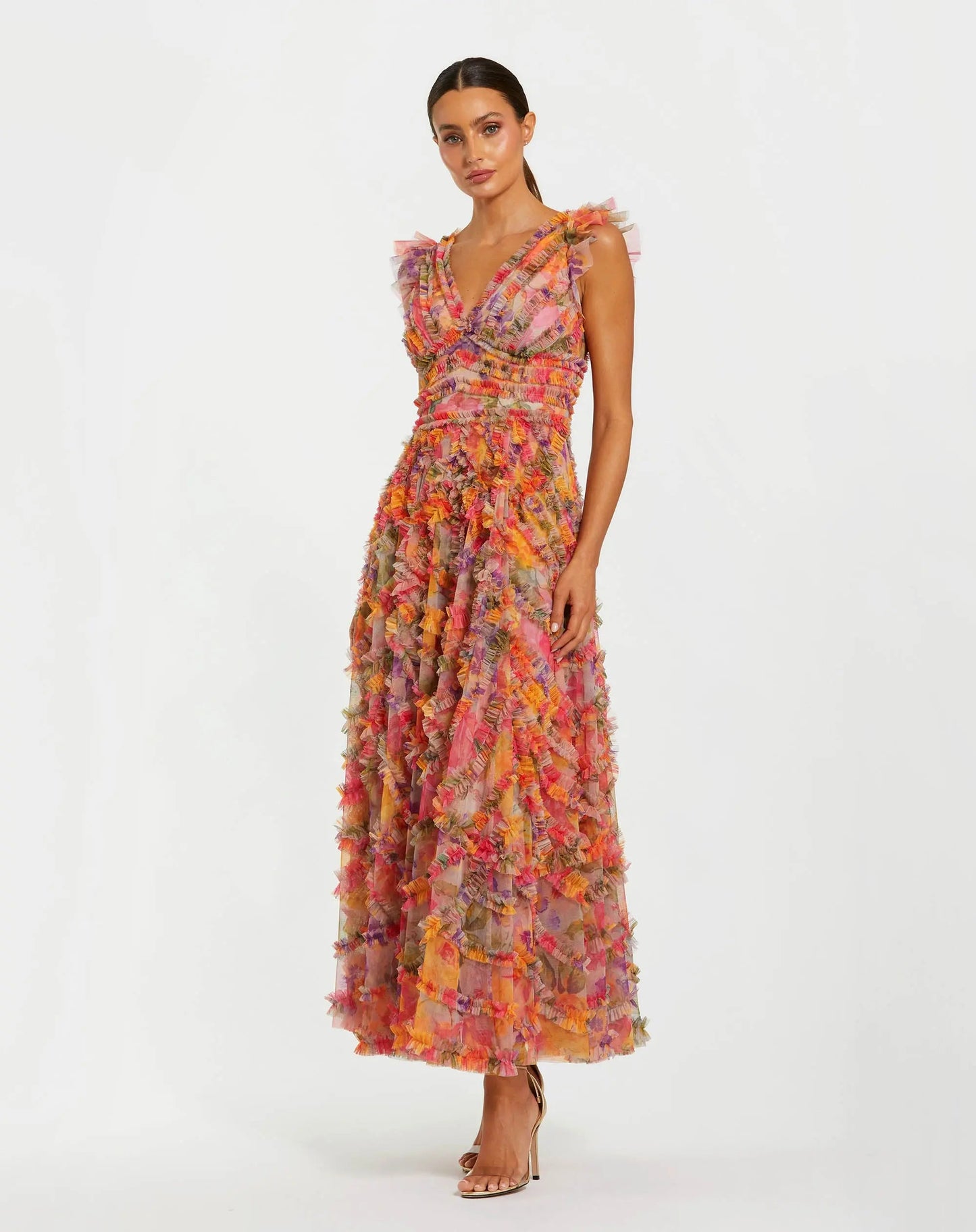 Petite Multicolor Floral V-Neck Ruffle Maxi Dress