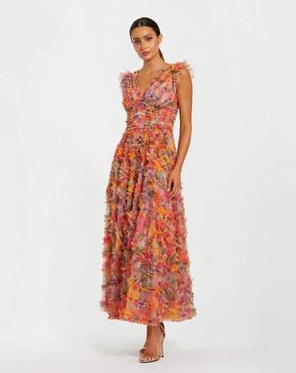 Petite Multicolor Floral V-Neck Ruffle Maxi Dress