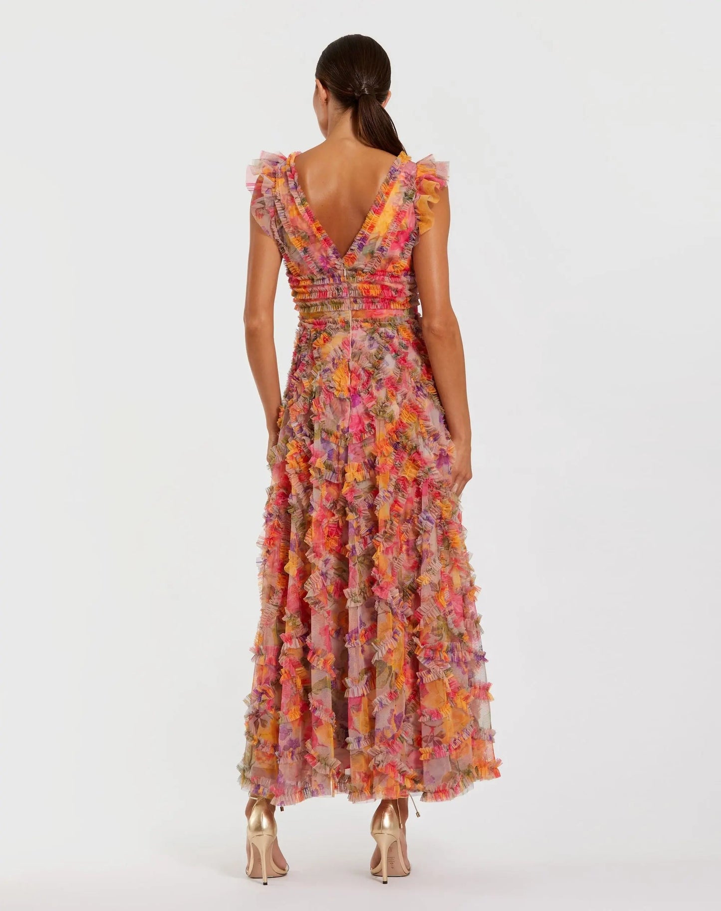 Petite Multicolor Floral V-Neck Ruffle Maxi Dress