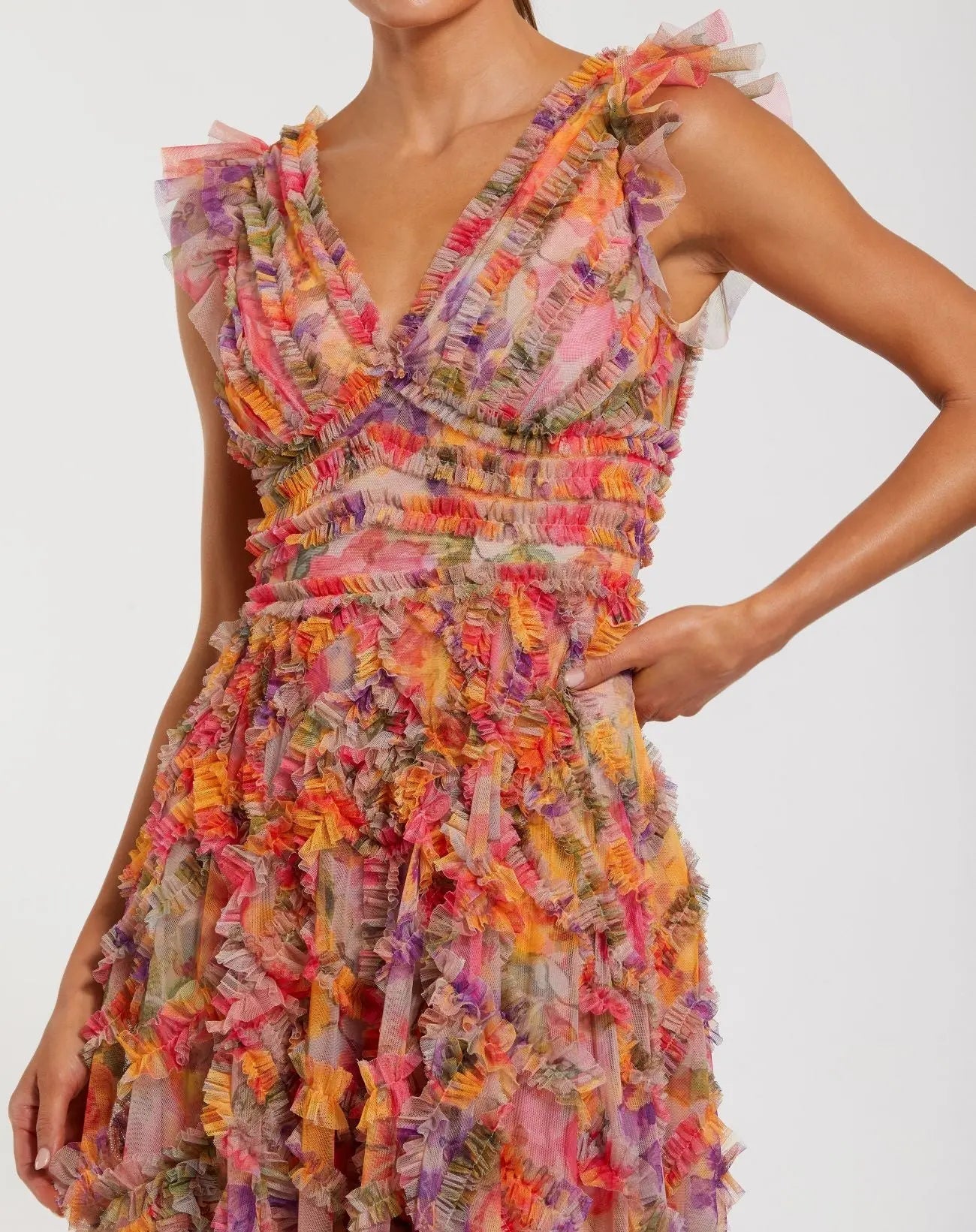 Petite Multicolor Floral V-Neck Ruffle Maxi Dress