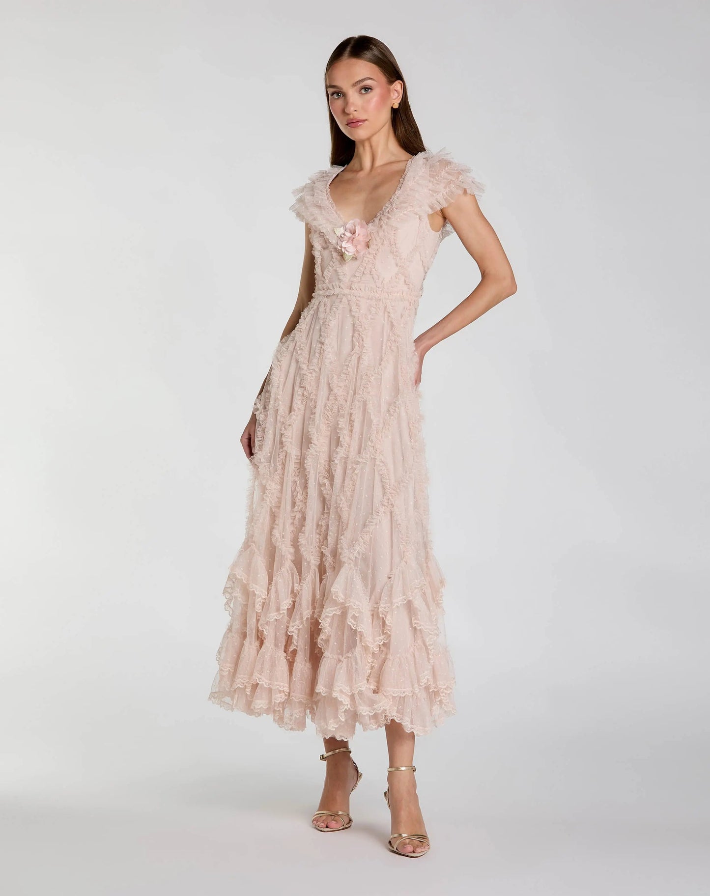 Petite Pink Micro Ruffle Cap Sleeve A-Line Midi Dress