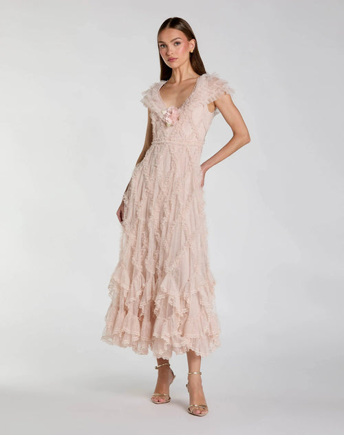 Petite Pink Micro Ruffle Cap Sleeve A-Line Midi Dress