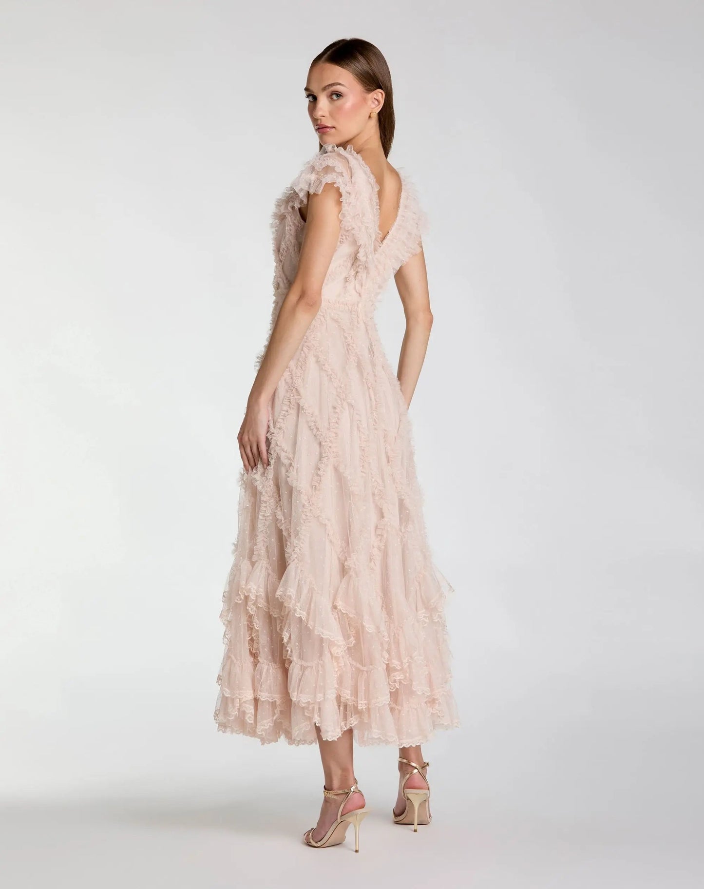 Petite Pink Micro Ruffle Cap Sleeve A-Line Midi Dress