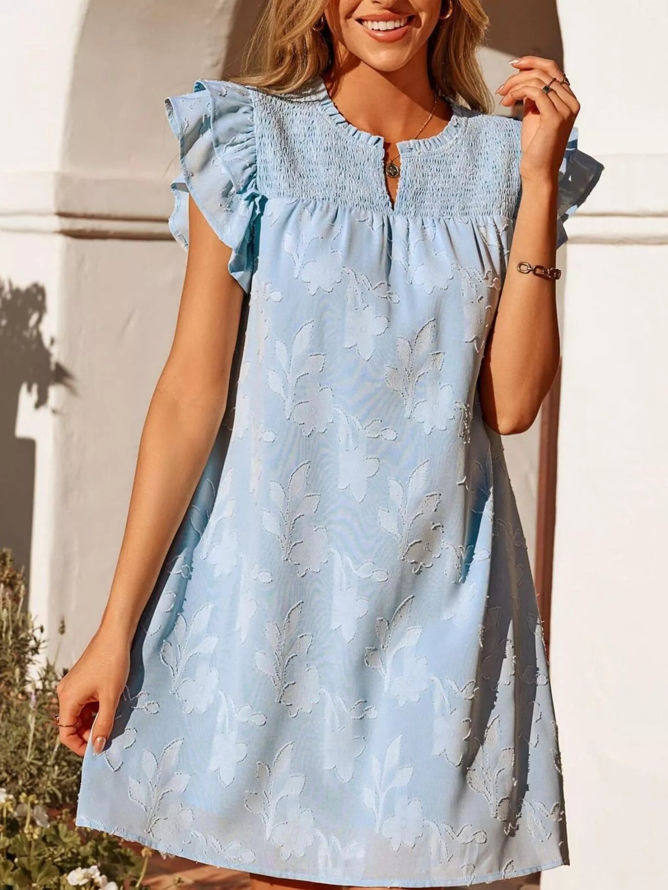 Hazel Blues® |  Floral Embossed Ruffle Sleeve Mini Dress