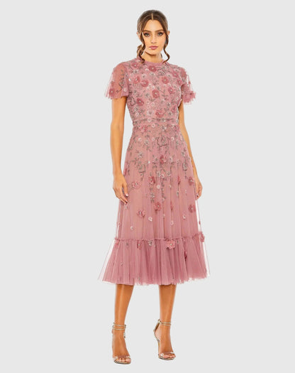 Petite Pink Embellished High Neck Flutter Sleeve A Line Dress